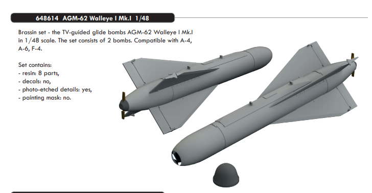 Brassin 1/48 Scale Resin TV-guided glide bombs AGM-62 Walleye I Mk.I - 648614 Brassin 1/48 Scale Resin TV-guided glide bombs AGM-62 Walleye I Mk.I - 648614