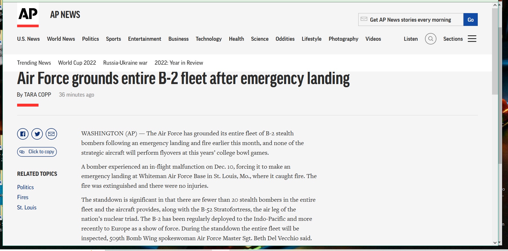 Associated Press says Whiteman AFB is in St Louis. Who knew. Test Post Clubhouse ARC